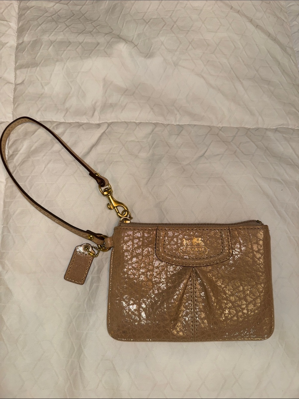 Coach Metallic Taupe Patent Leather Wristlet with Gold Hardware
